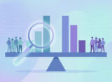 AI fairness metrics shown as a balance scale of bar charts comparing results across groups