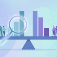 AI fairness metrics shown as a balance scale of bar charts comparing results across groups