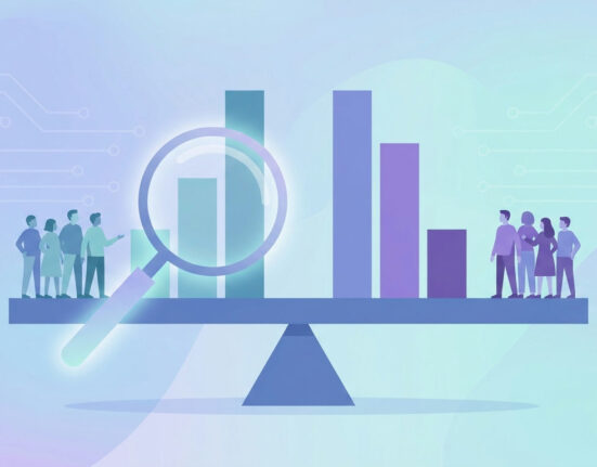 AI fairness metrics shown as a balance scale of bar charts comparing results across groups