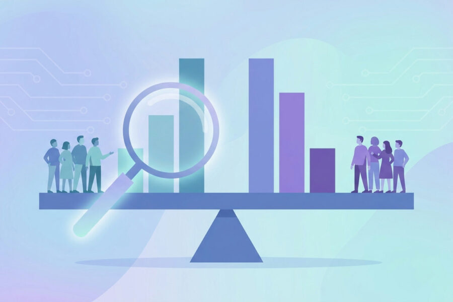 AI fairness metrics shown as a balance scale of bar charts comparing results across groups