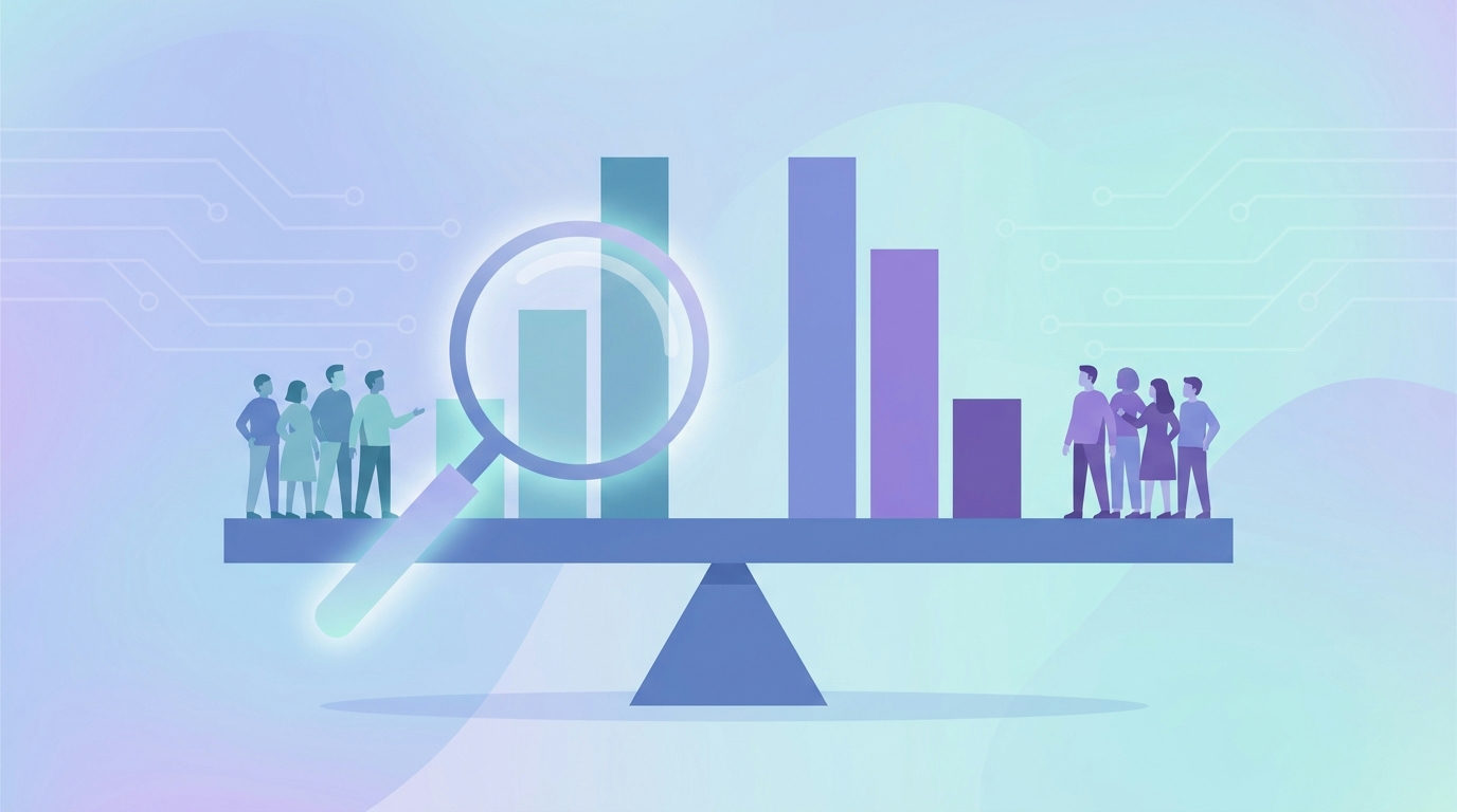 AI fairness metrics shown as a balance scale of bar charts comparing results across groups
