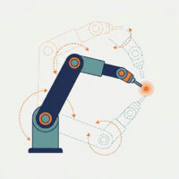 Inverse kinematics diagram: a two-link robot arm reaching a target with elbow-up and elbow-down solutions