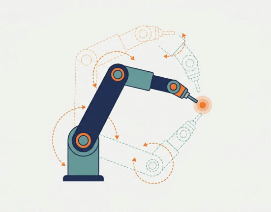 Inverse kinematics diagram: a two-link robot arm reaching a target with elbow-up and elbow-down solutions