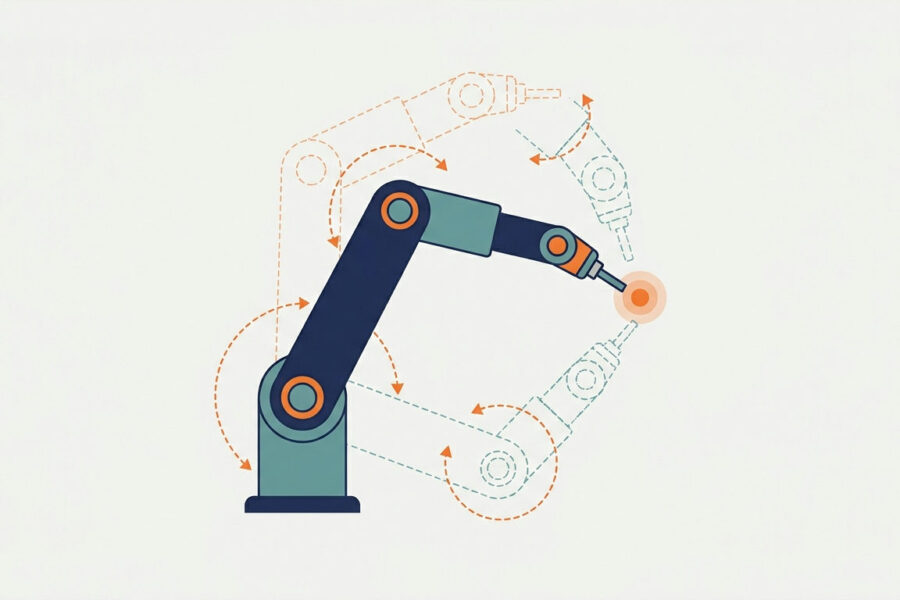 Inverse kinematics diagram: a two-link robot arm reaching a target with elbow-up and elbow-down solutions