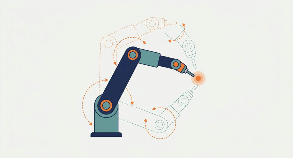 Inverse kinematics diagram: a two-link robot arm reaching a target with elbow-up and elbow-down solutions