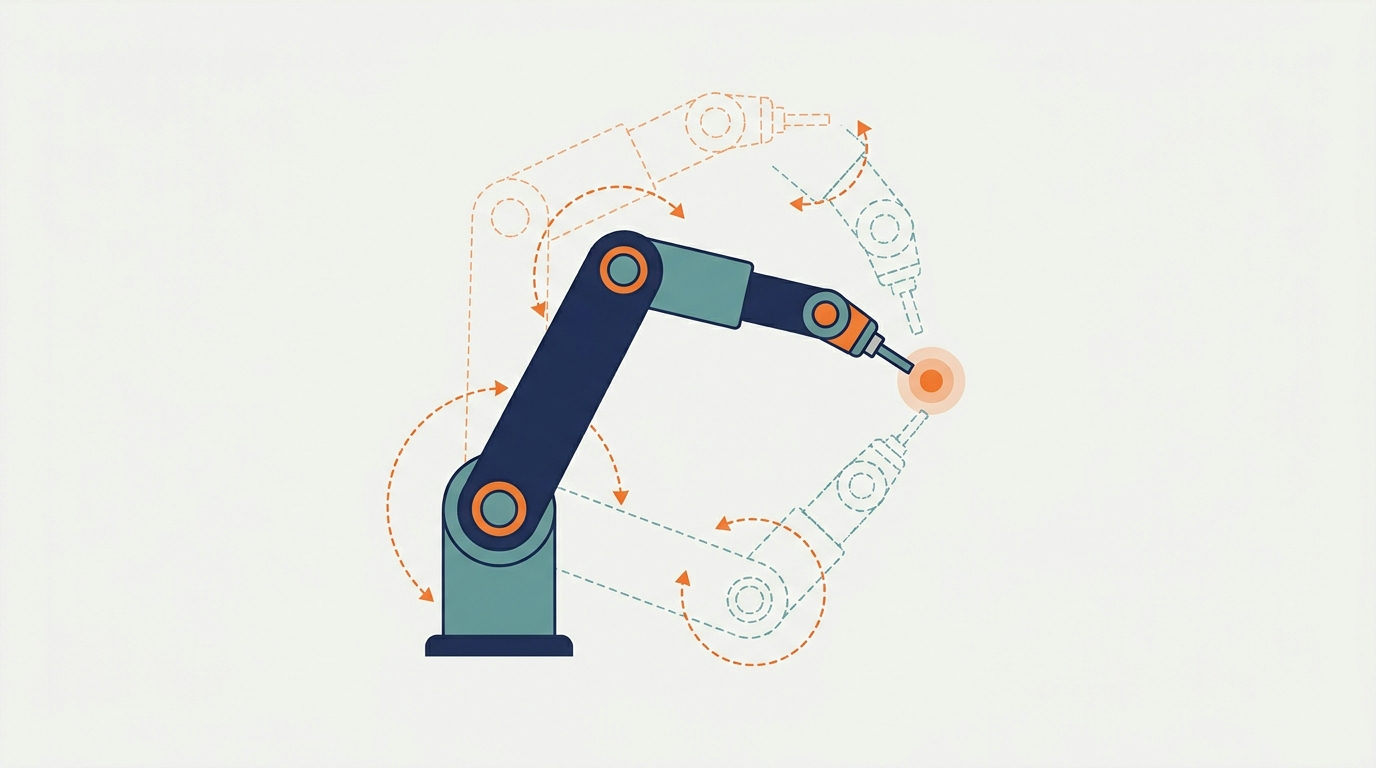 Inverse kinematics diagram: a two-link robot arm reaching a target with elbow-up and elbow-down solutions