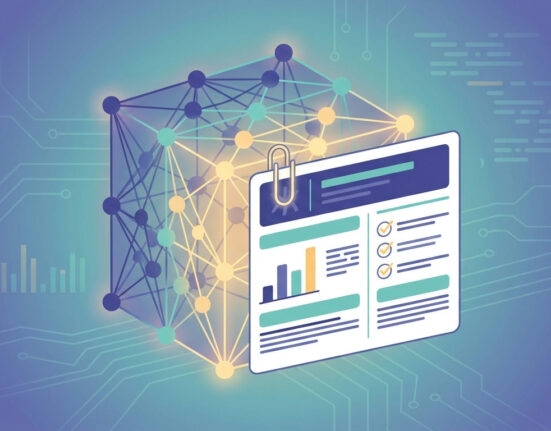 Model cards illustrated as a one-page document attached to a machine learning model, with evaluation chart and checklist