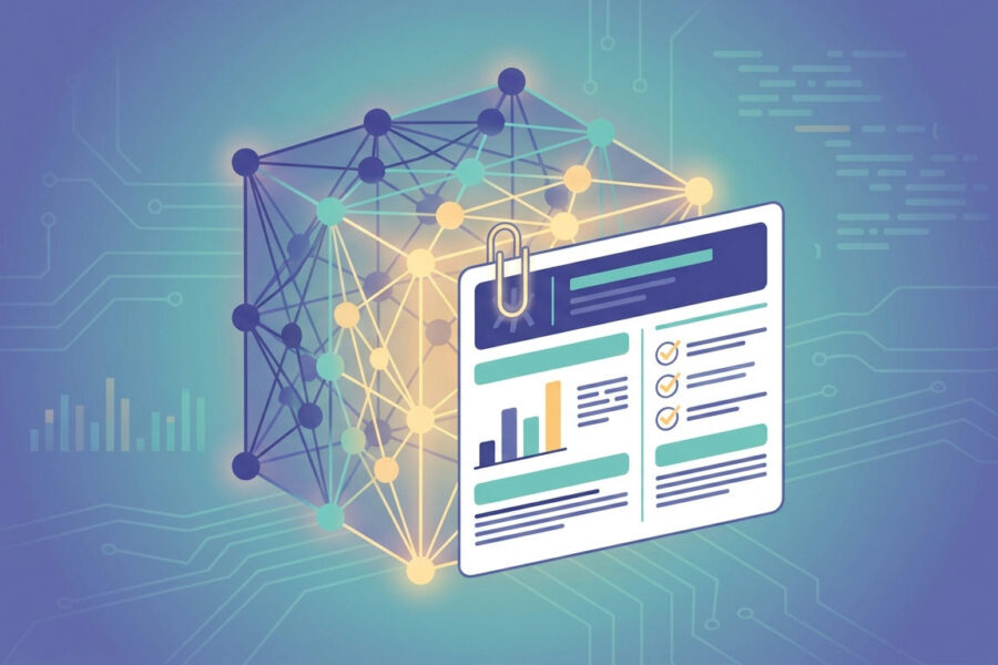 Model cards illustrated as a one-page document attached to a machine learning model, with evaluation chart and checklist