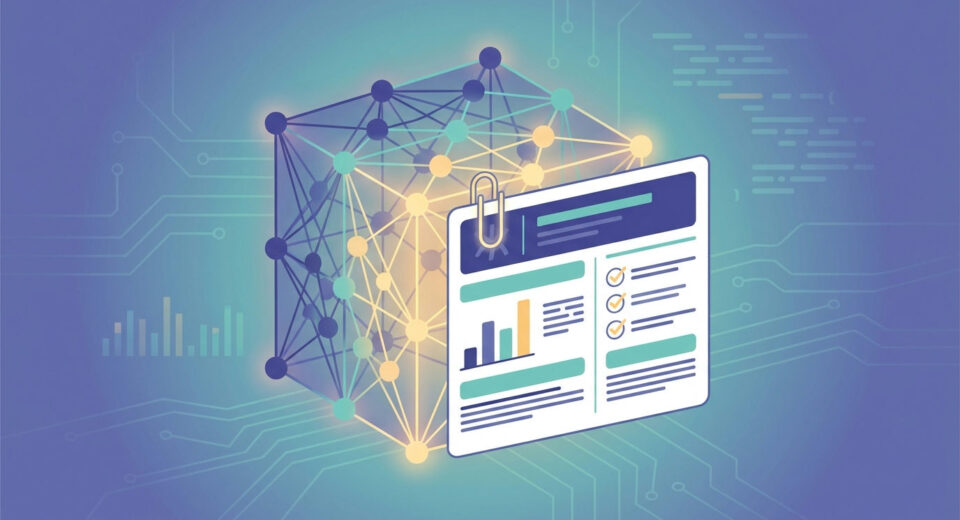 Model cards illustrated as a one-page document attached to a machine learning model, with evaluation chart and checklist
