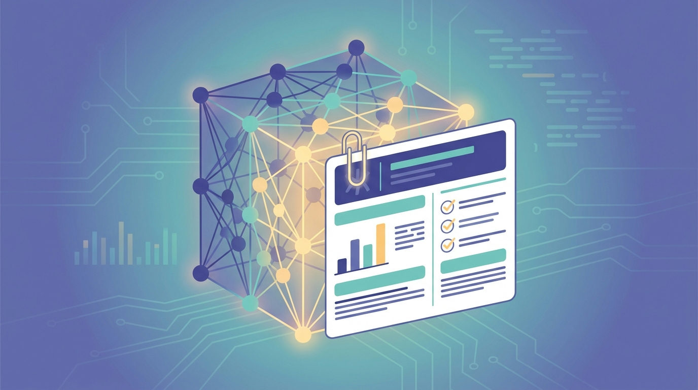Model cards illustrated as a one-page document attached to a machine learning model, with evaluation chart and checklist