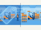 Object detection vs image classification: one whole-image label beside bounding boxes around a forklift and pallets