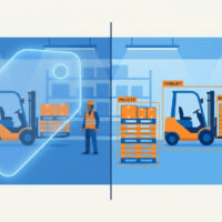 Object detection vs image classification: one whole-image label beside bounding boxes around a forklift and pallets