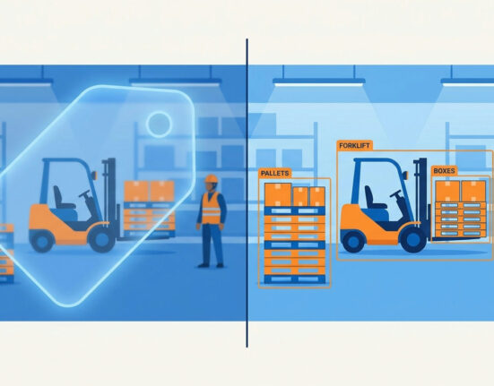 Object detection vs image classification: one whole-image label beside bounding boxes around a forklift and pallets