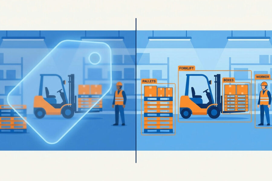Object detection vs image classification: one whole-image label beside bounding boxes around a forklift and pallets
