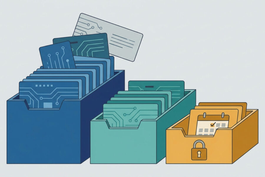 Train validation test split illustrated as data cards sorted into three trays of different sizes