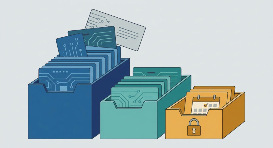 Train validation test split illustrated as data cards sorted into three trays of different sizes